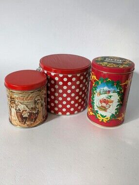 Coca Cola M&Ms Polka Dot Christmas Tin Lot 3pc Retro Holiday Decor Set Vintage